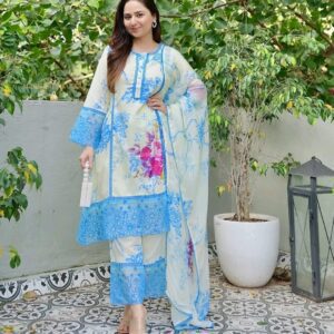 pure cotton with screen print and embroidery les work readymade 3 pics gown Product Code: 629