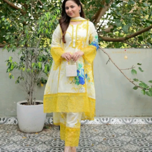 pure cotton with screen print and embroidery les work readymade 3 pics gown Product Code: 627